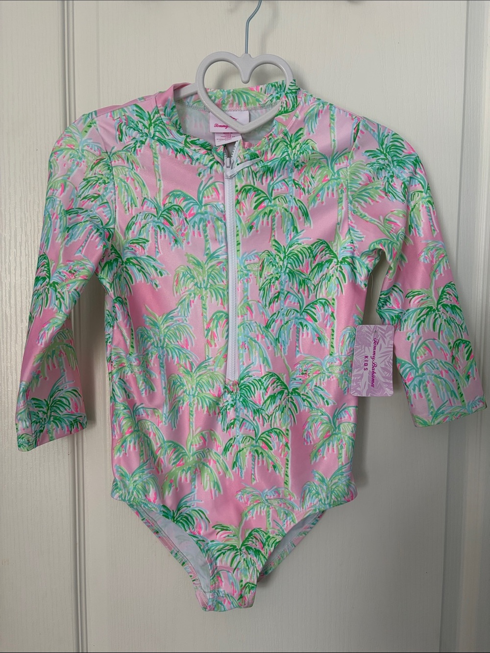 Tommy Bahama Pink Palm-Print Long-Sleeve One-Piece Swimsuit